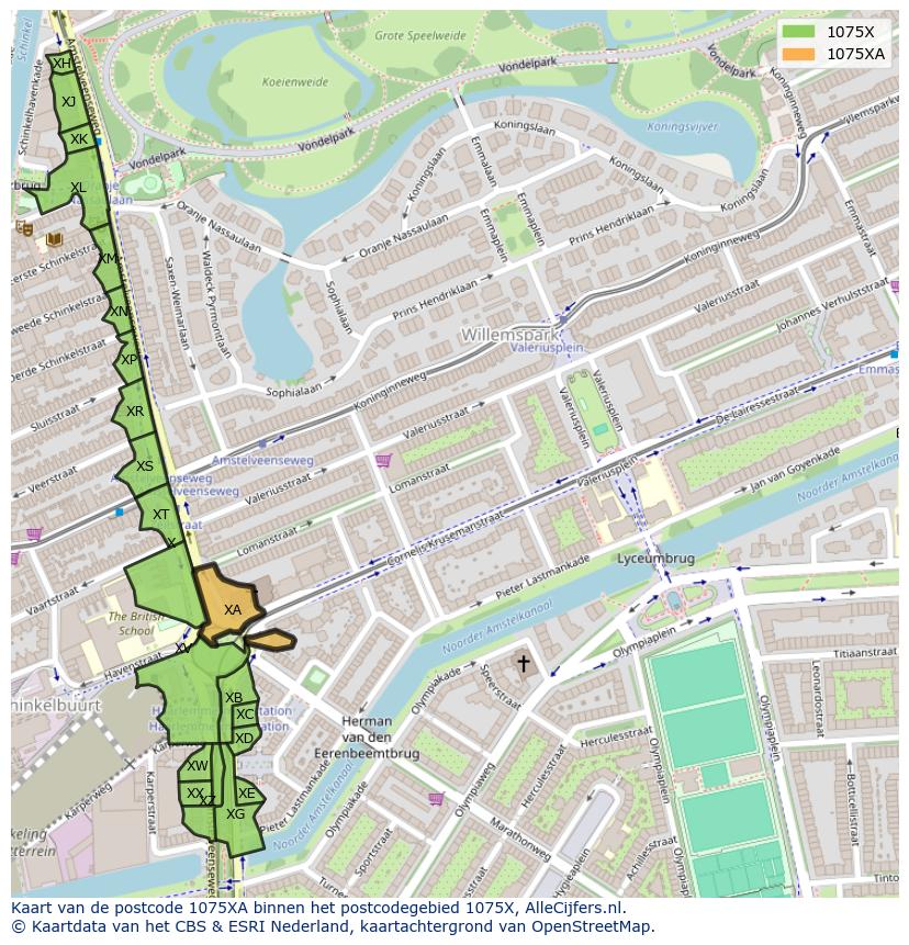 Afbeelding van het postcodegebied 1075 XA op de kaart.