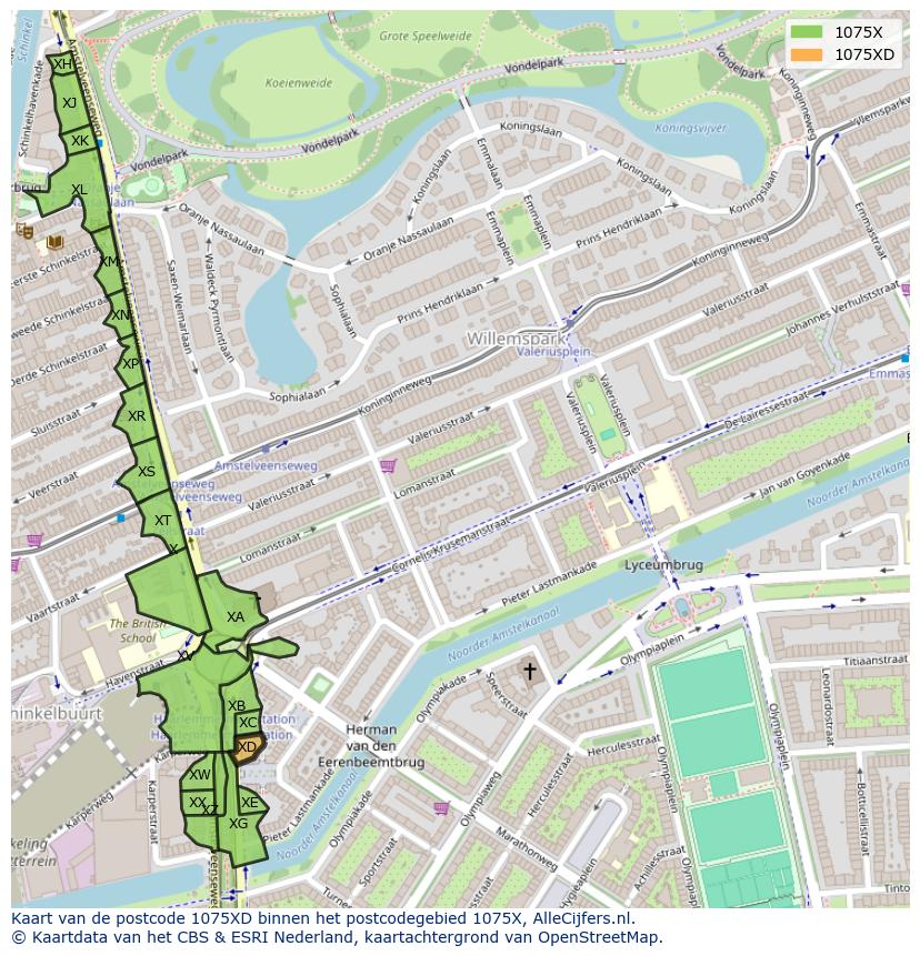 Afbeelding van het postcodegebied 1075 XD op de kaart.