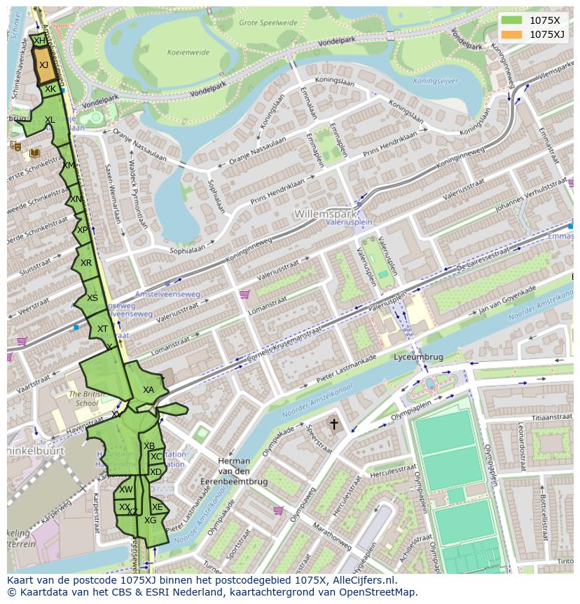 Afbeelding van het postcodegebied 1075 XJ op de kaart.