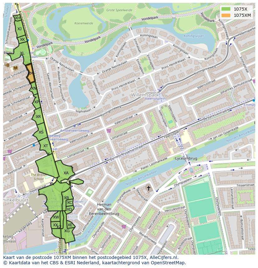 Afbeelding van het postcodegebied 1075 XM op de kaart.