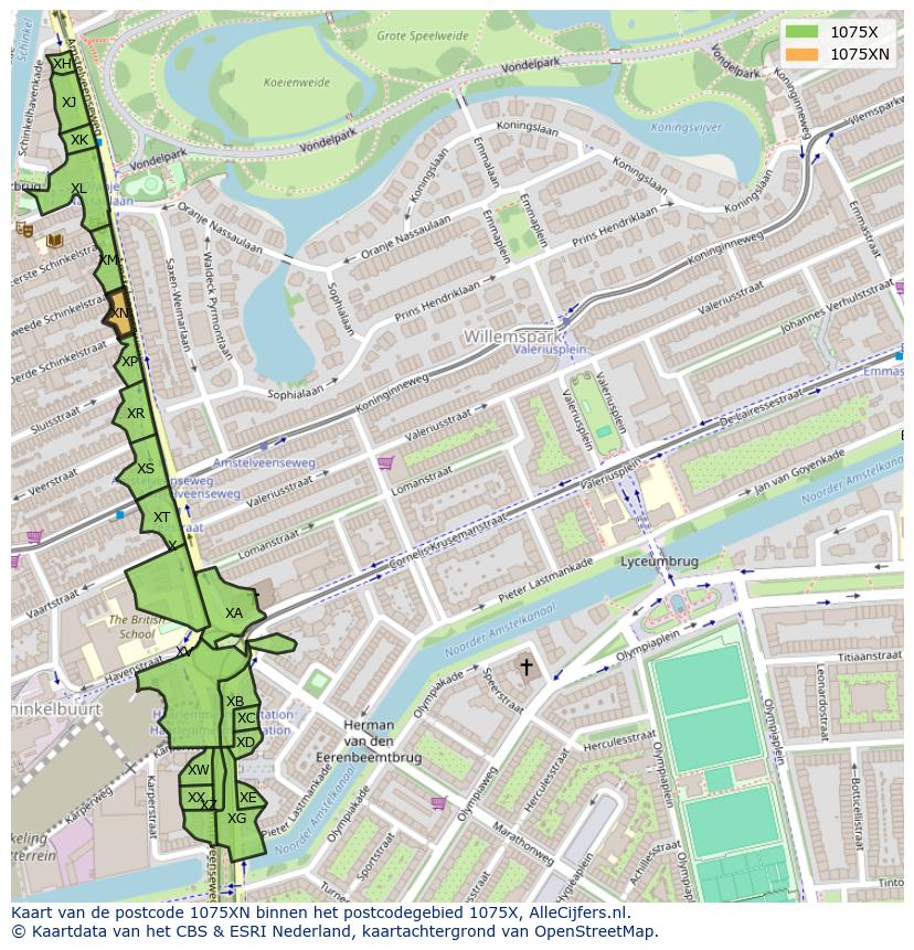 Afbeelding van het postcodegebied 1075 XN op de kaart.