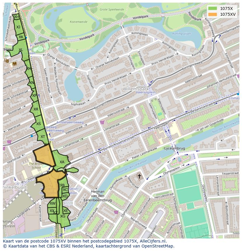 Afbeelding van het postcodegebied 1075 XV op de kaart.