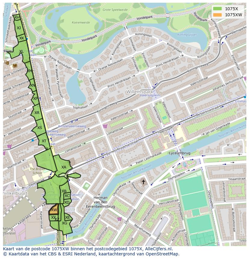 Afbeelding van het postcodegebied 1075 XW op de kaart.