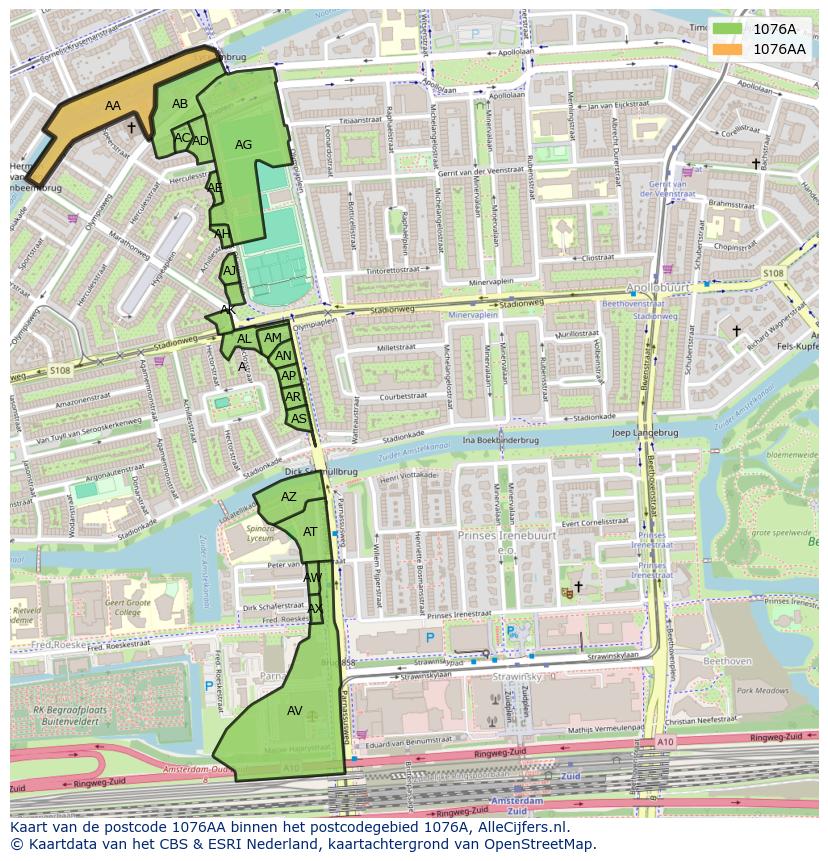 Afbeelding van het postcodegebied 1076 AA op de kaart.