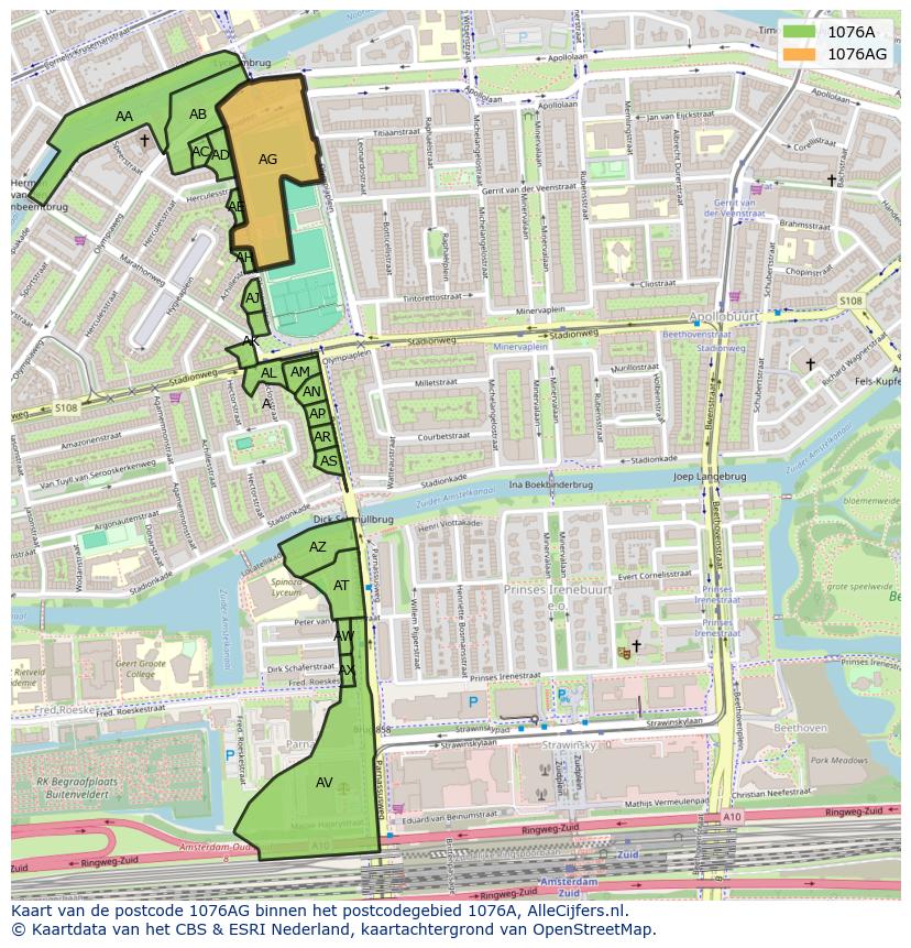 Afbeelding van het postcodegebied 1076 AG op de kaart.