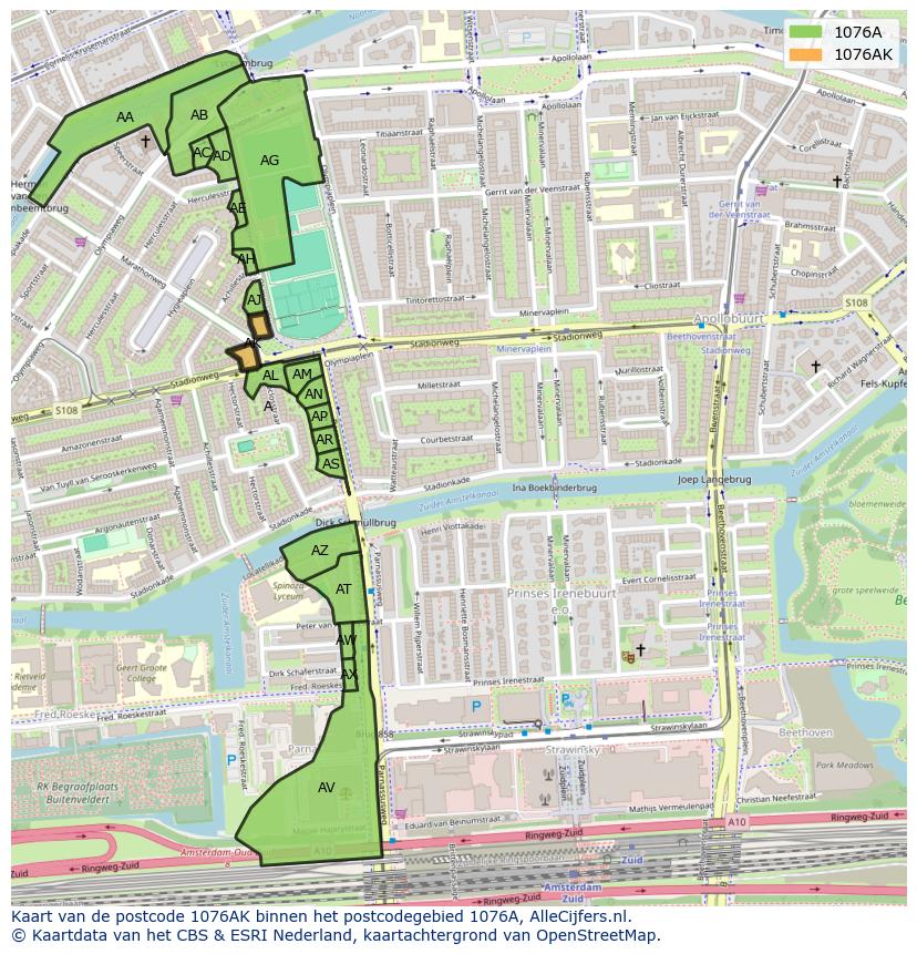 Afbeelding van het postcodegebied 1076 AK op de kaart.