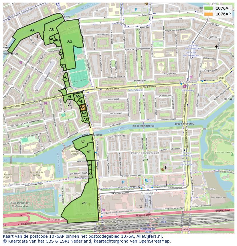 Afbeelding van het postcodegebied 1076 AP op de kaart.
