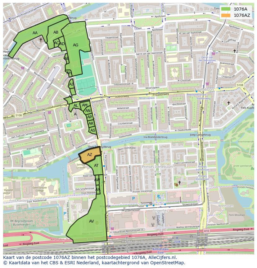 Afbeelding van het postcodegebied 1076 AZ op de kaart.