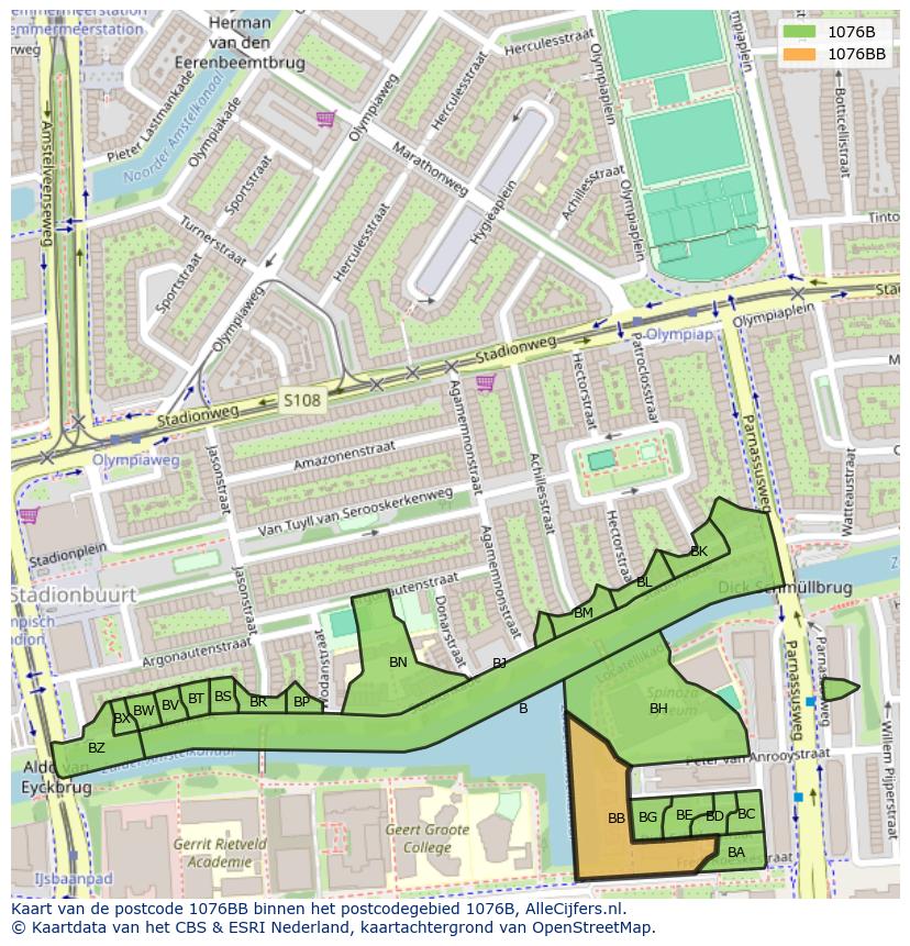 Afbeelding van het postcodegebied 1076 BB op de kaart.