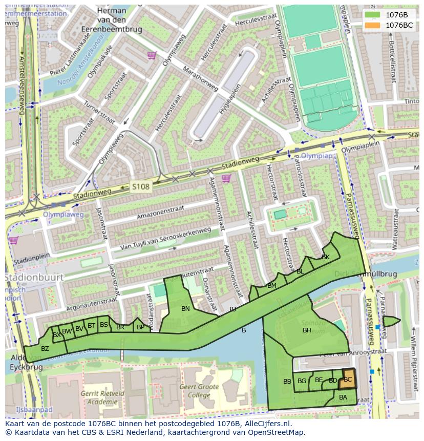 Afbeelding van het postcodegebied 1076 BC op de kaart.
