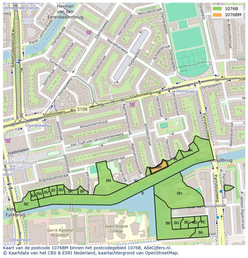 Afbeelding van het postcodegebied 1076 BM op de kaart.
