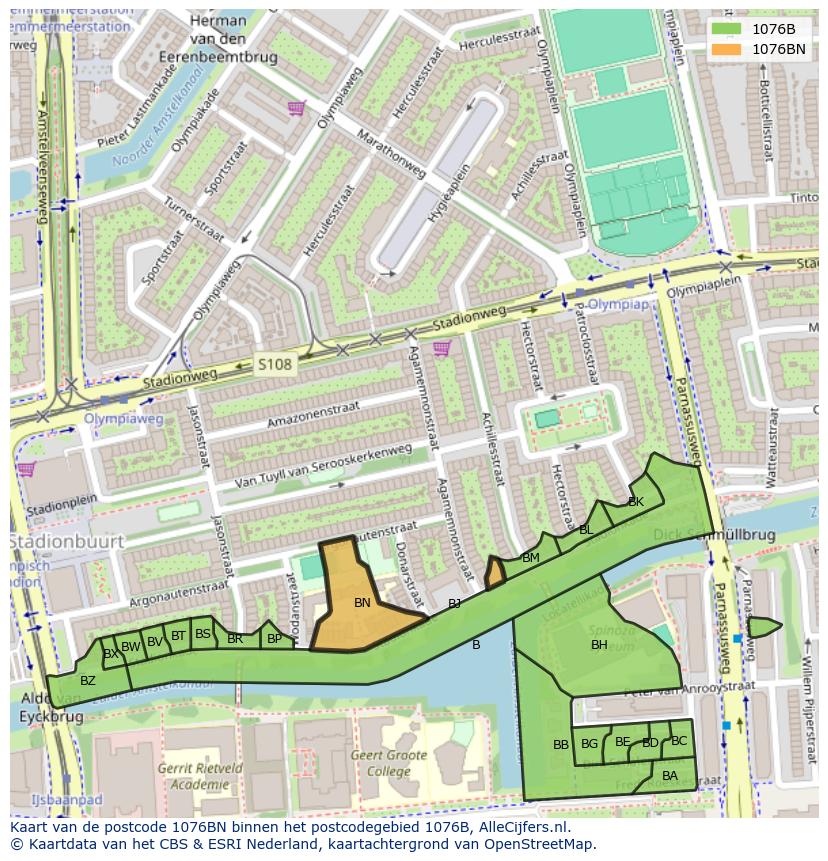 Afbeelding van het postcodegebied 1076 BN op de kaart.
