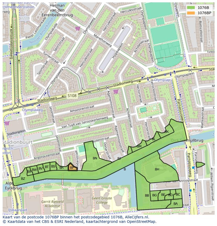 Afbeelding van het postcodegebied 1076 BP op de kaart.