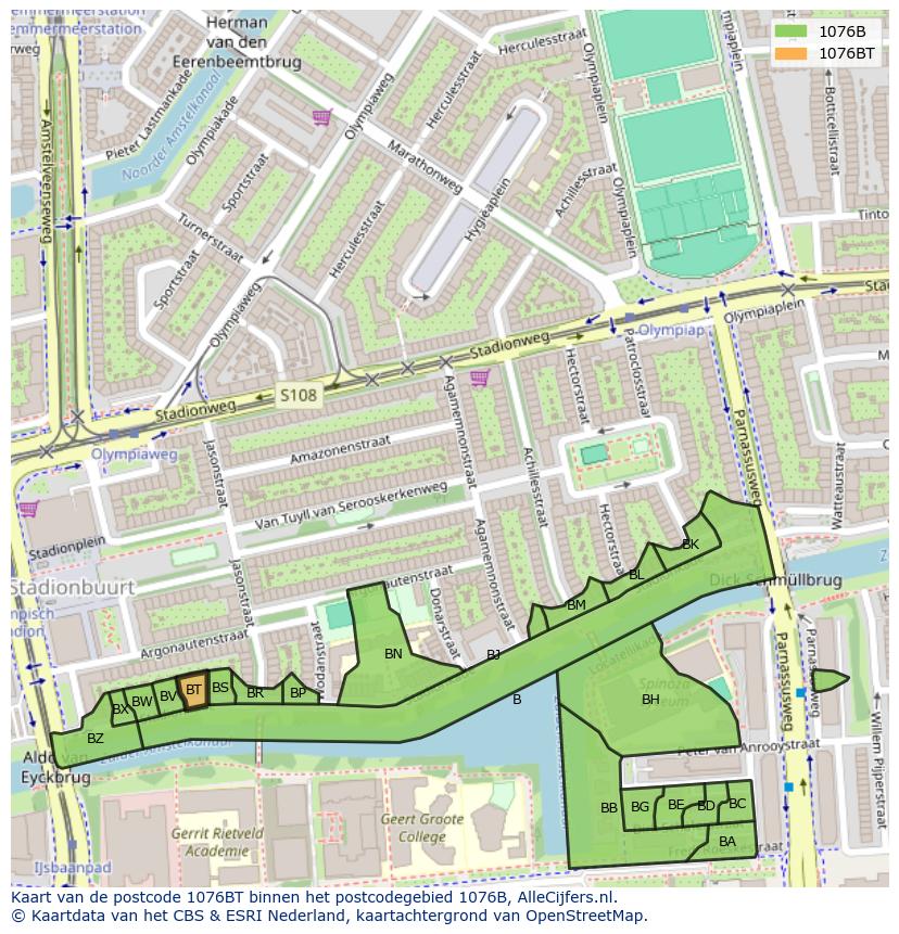 Afbeelding van het postcodegebied 1076 BT op de kaart.