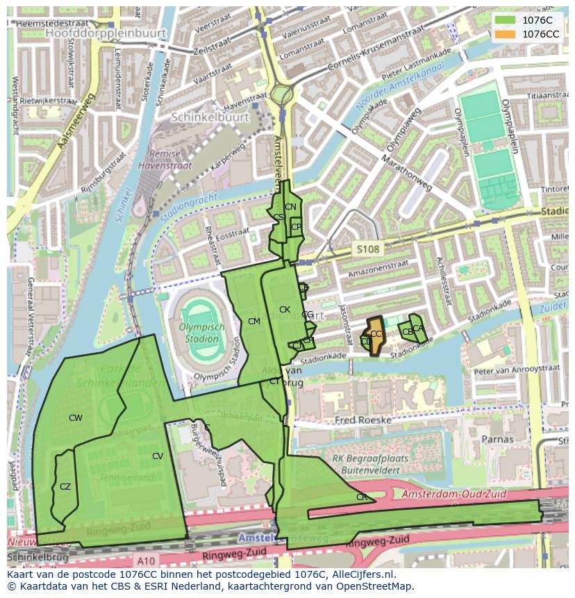 Afbeelding van het postcodegebied 1076 CC op de kaart.