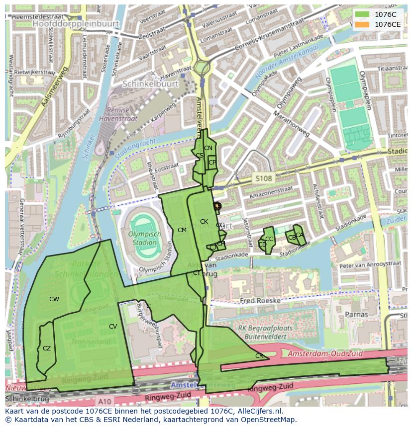 Afbeelding van het postcodegebied 1076 CE op de kaart.