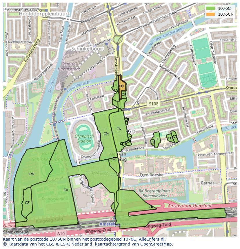 Afbeelding van het postcodegebied 1076 CN op de kaart.