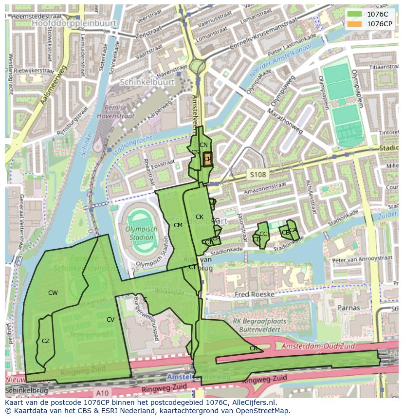 Afbeelding van het postcodegebied 1076 CP op de kaart.