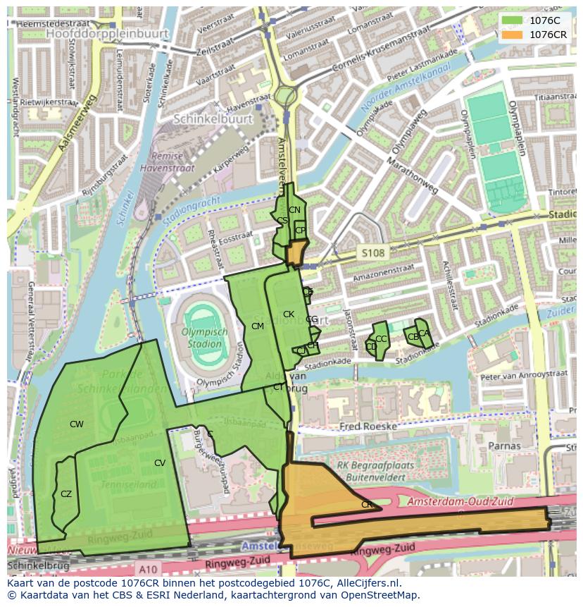 Afbeelding van het postcodegebied 1076 CR op de kaart.