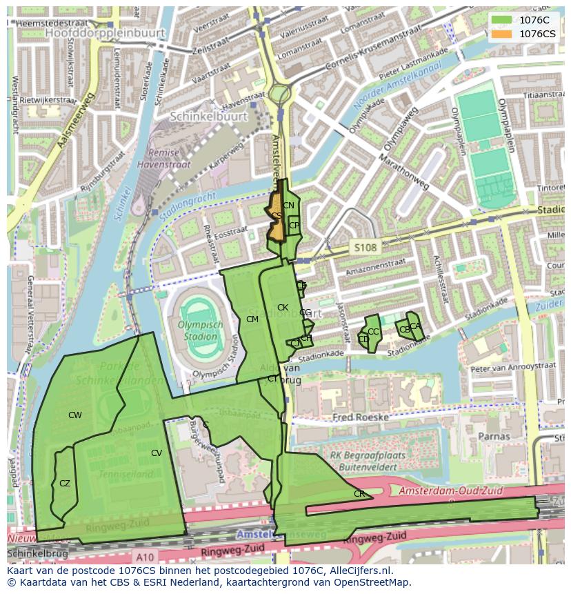 Afbeelding van het postcodegebied 1076 CS op de kaart.