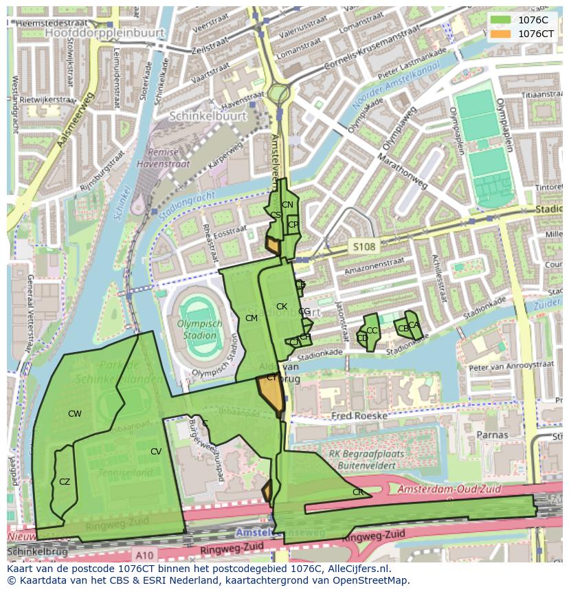 Afbeelding van het postcodegebied 1076 CT op de kaart.