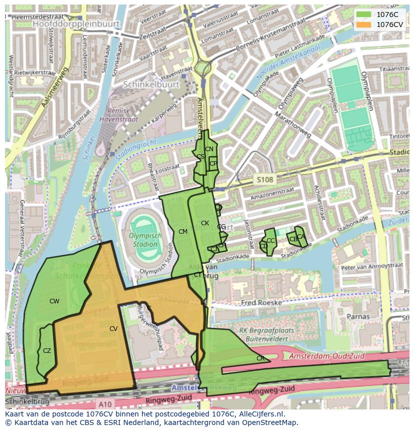Afbeelding van het postcodegebied 1076 CV op de kaart.