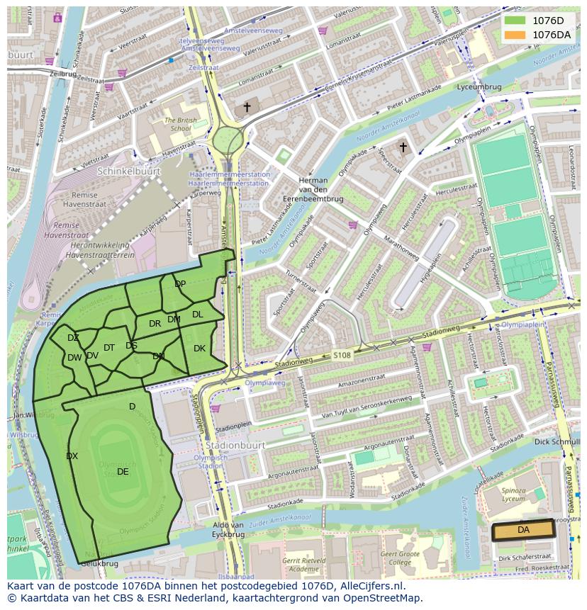 Afbeelding van het postcodegebied 1076 DA op de kaart.