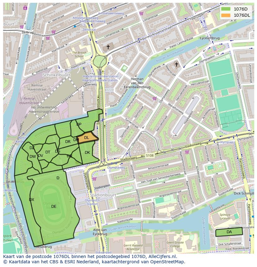Afbeelding van het postcodegebied 1076 DL op de kaart.