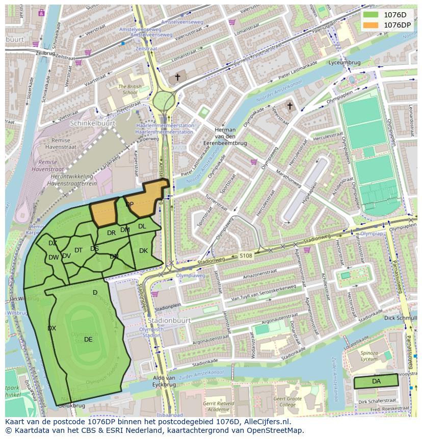 Afbeelding van het postcodegebied 1076 DP op de kaart.