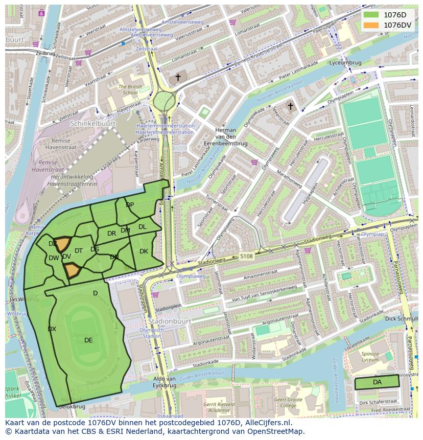 Afbeelding van het postcodegebied 1076 DV op de kaart.