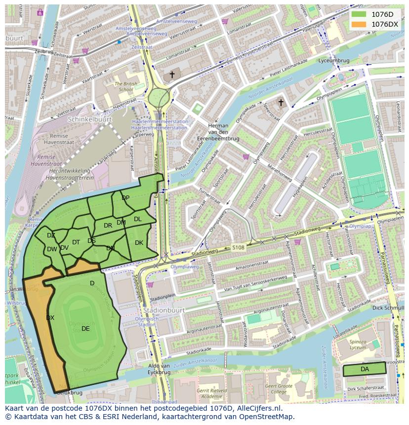 Afbeelding van het postcodegebied 1076 DX op de kaart.