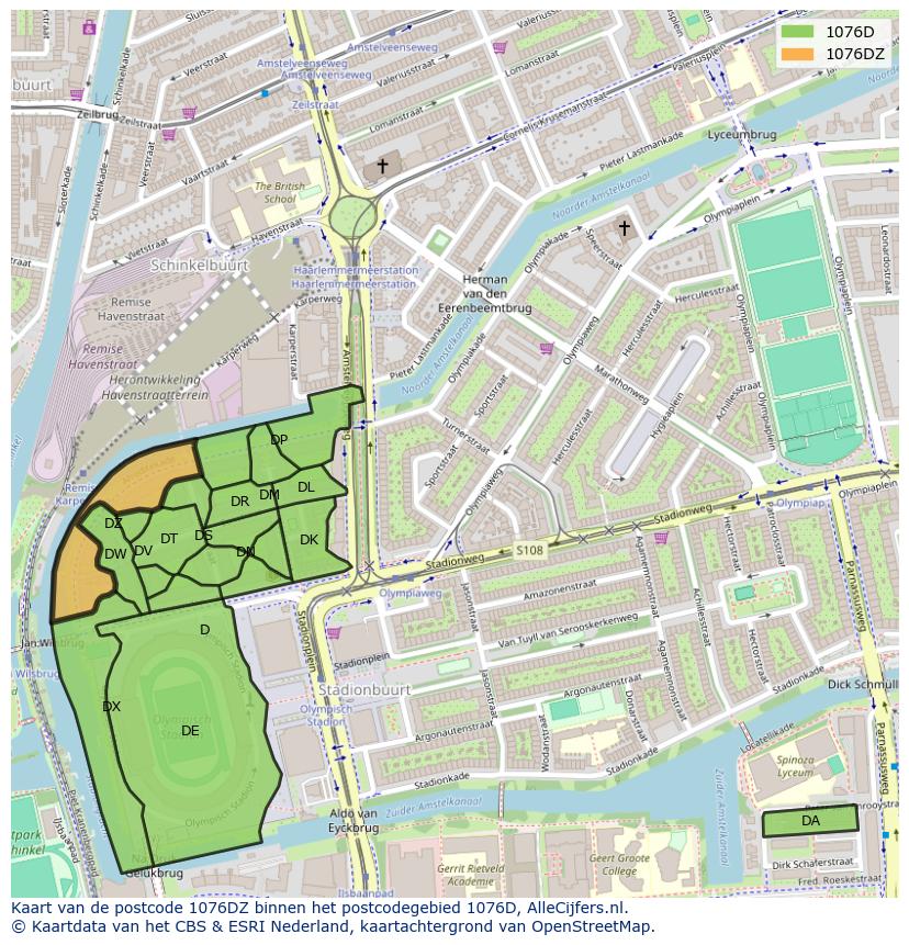 Afbeelding van het postcodegebied 1076 DZ op de kaart.
