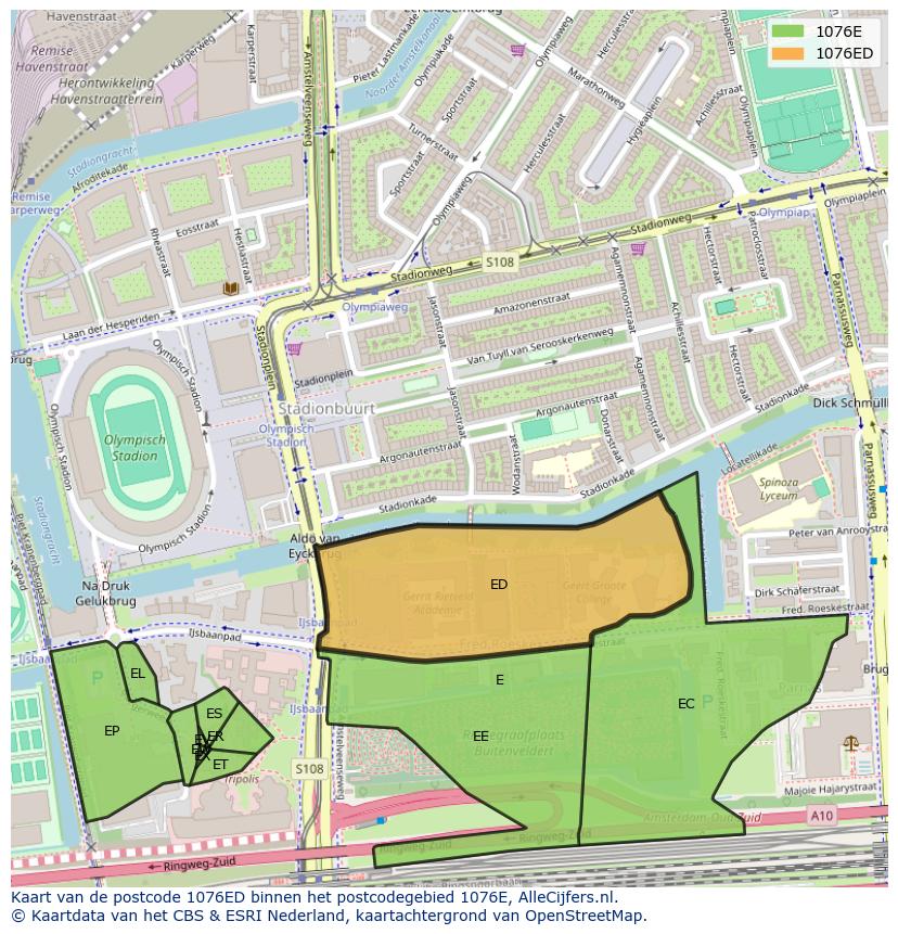 Afbeelding van het postcodegebied 1076 ED op de kaart.
