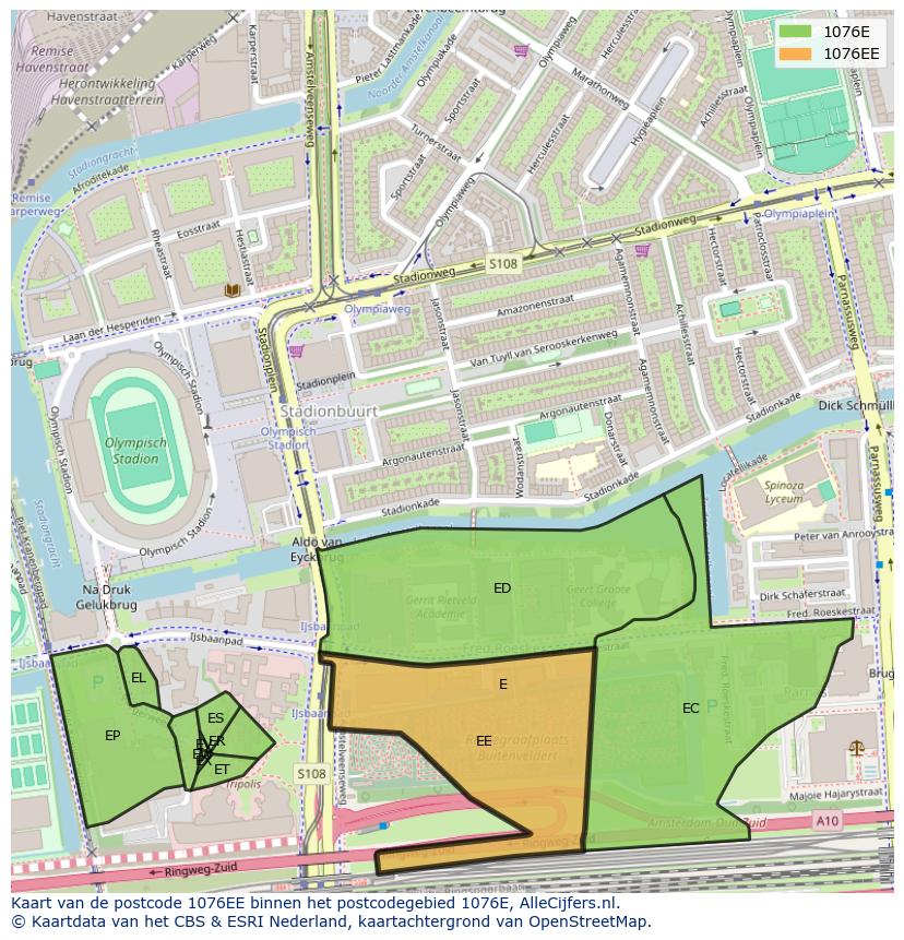 Afbeelding van het postcodegebied 1076 EE op de kaart.