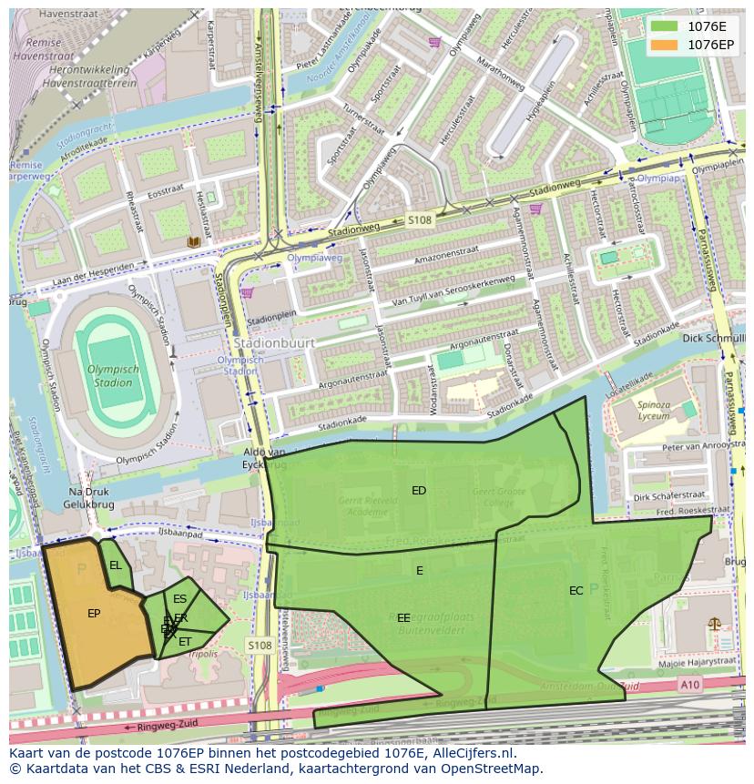 Afbeelding van het postcodegebied 1076 EP op de kaart.