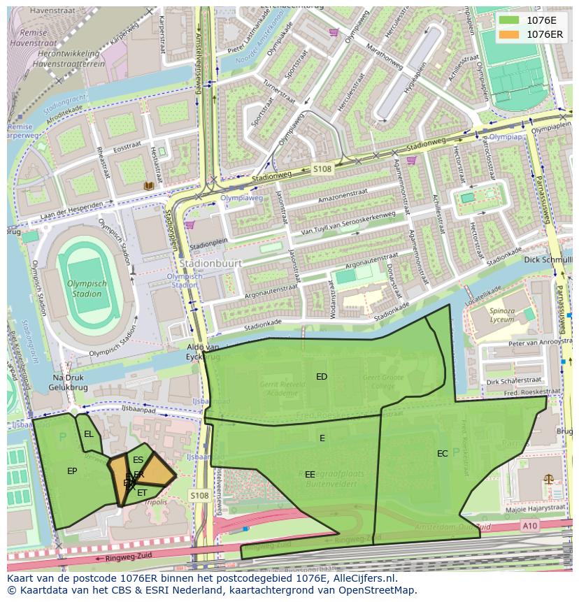 Afbeelding van het postcodegebied 1076 ER op de kaart.