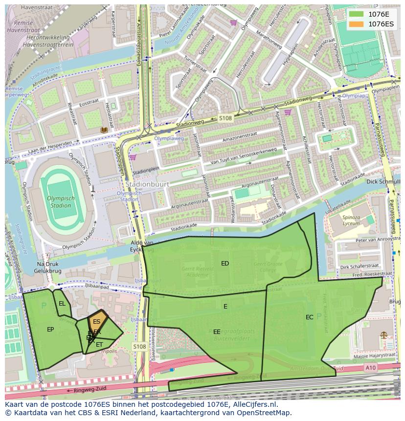 Afbeelding van het postcodegebied 1076 ES op de kaart.