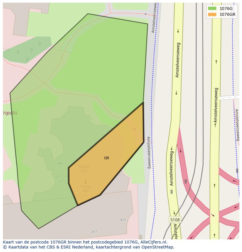 Afbeelding van het postcodegebied 1076 GR op de kaart.