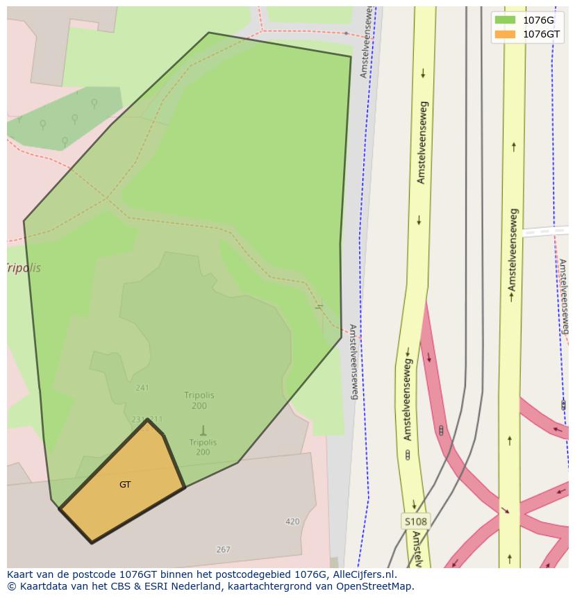 Afbeelding van het postcodegebied 1076 GT op de kaart.
