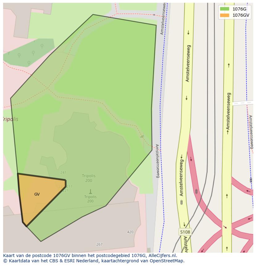 Afbeelding van het postcodegebied 1076 GV op de kaart.