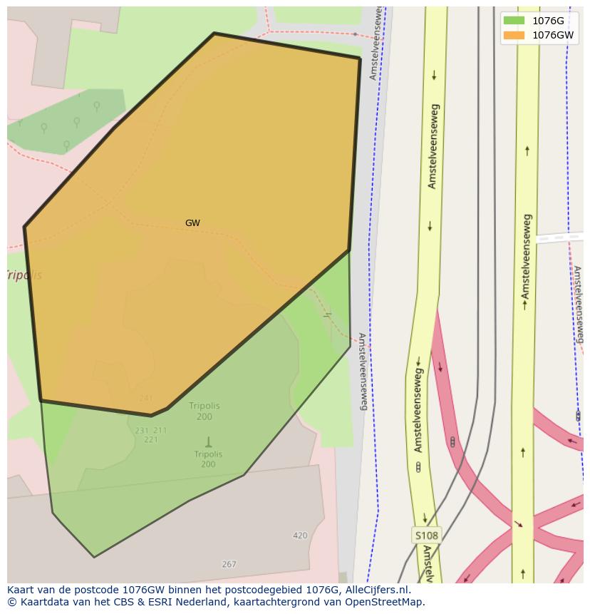Afbeelding van het postcodegebied 1076 GW op de kaart.