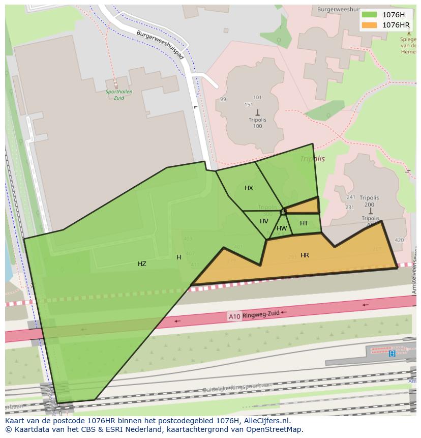 Afbeelding van het postcodegebied 1076 HR op de kaart.