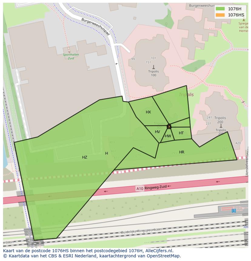 Afbeelding van het postcodegebied 1076 HS op de kaart.