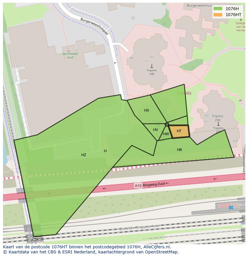 Afbeelding van het postcodegebied 1076 HT op de kaart.