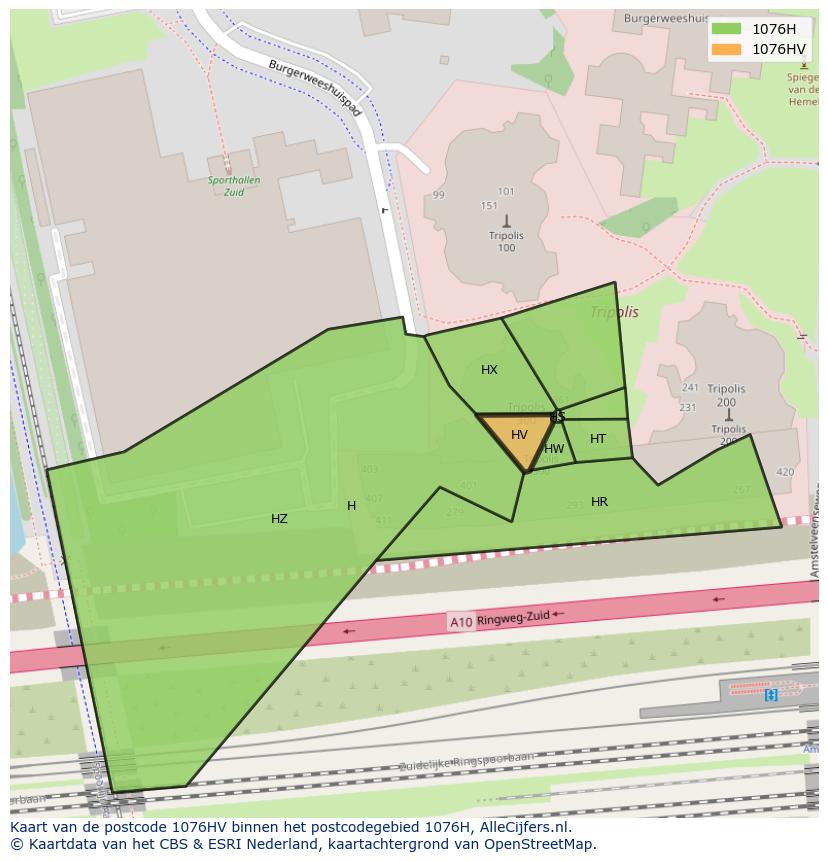 Afbeelding van het postcodegebied 1076 HV op de kaart.