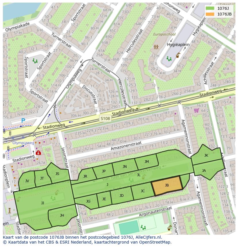 Afbeelding van het postcodegebied 1076 JB op de kaart.