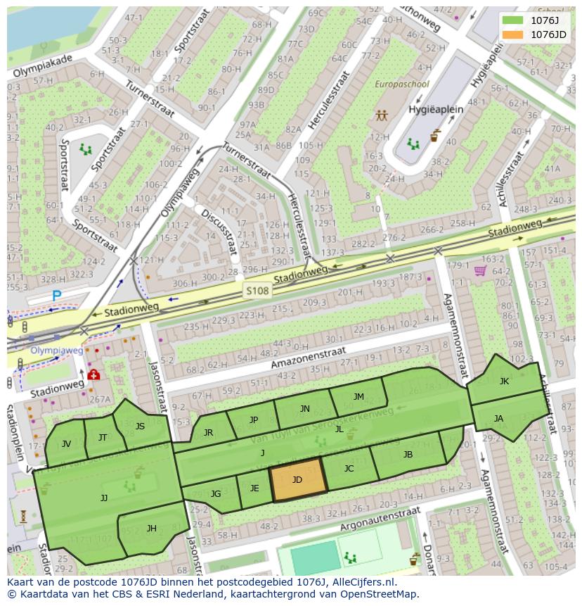 Afbeelding van het postcodegebied 1076 JD op de kaart.