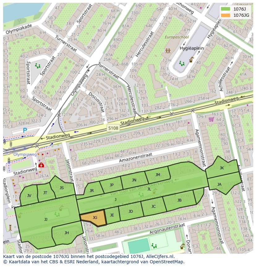 Afbeelding van het postcodegebied 1076 JG op de kaart.