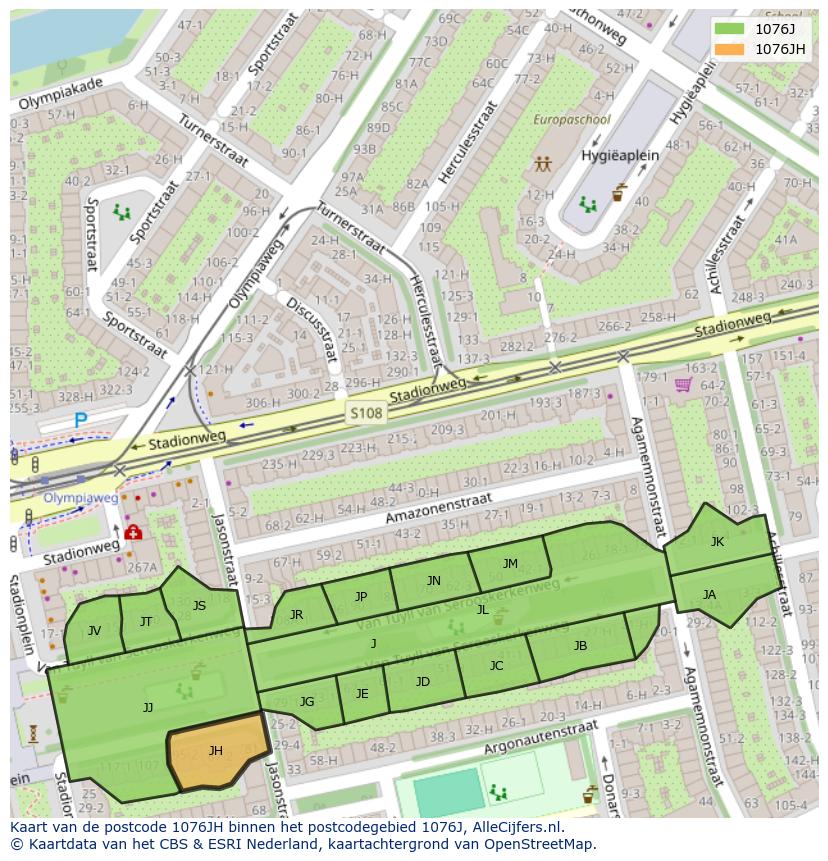 Afbeelding van het postcodegebied 1076 JH op de kaart.