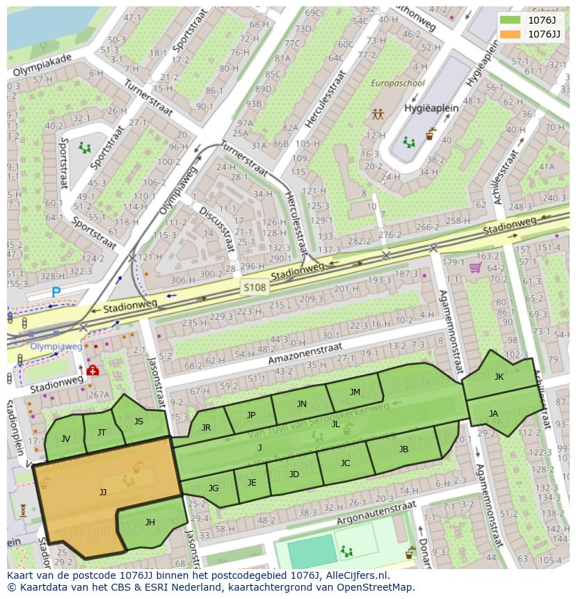 Afbeelding van het postcodegebied 1076 JJ op de kaart.
